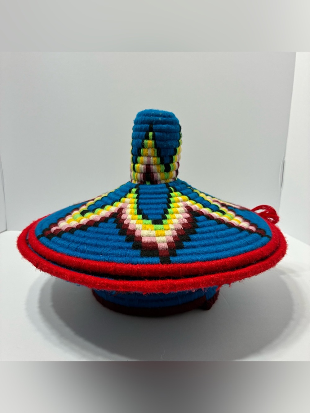 Vibrant Handwoven Ethiopian Mesob Basket Bowl & Cover 11.5” x 8” Decorative